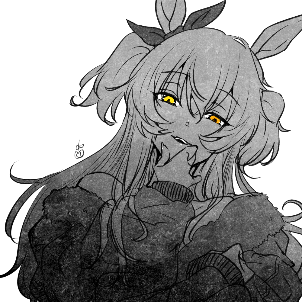 1girl, animal_ears, artist_logo, ear_bow, greyscale, hand_on_own_chin, hand_up, horse_ears