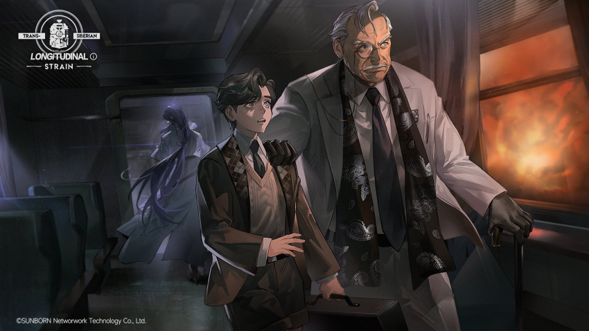 1girl, 2boys, ar-18_(girls'_frontline), artist_request, belt, black_gloves, black_hair, black_necktie