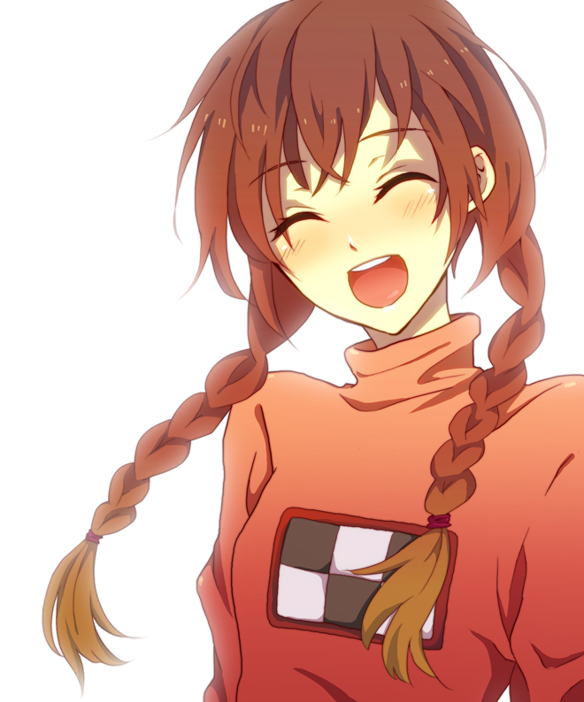 closed_eyes, happy, madotsuki, open_mouth, smile, turtleneck, twin_braids, yukiguni_(moaism)