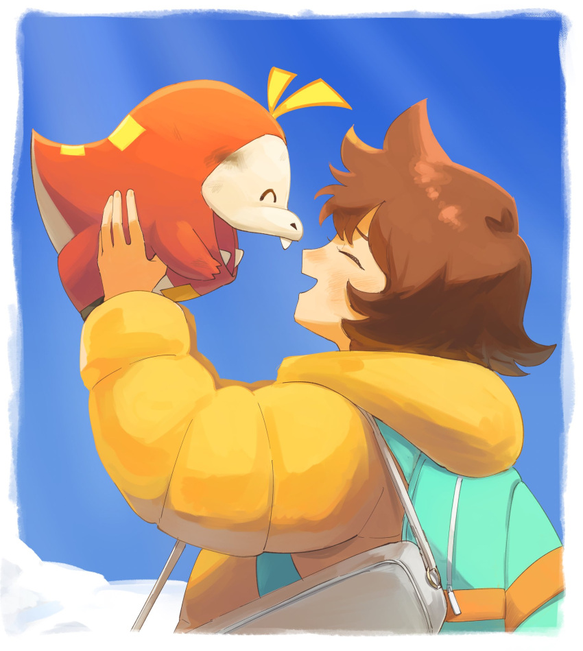 1girl, brown_hair, closed_eyes, fangs, flipped_hair, fuecoco, highres, holding, holding_pokemon, jacket, medium_hair, nuinu_nui, ohara_(pokemon), open_mouth, pokemon:_paldean_winds, pokemon_(creature), smile, yellow_jacket
