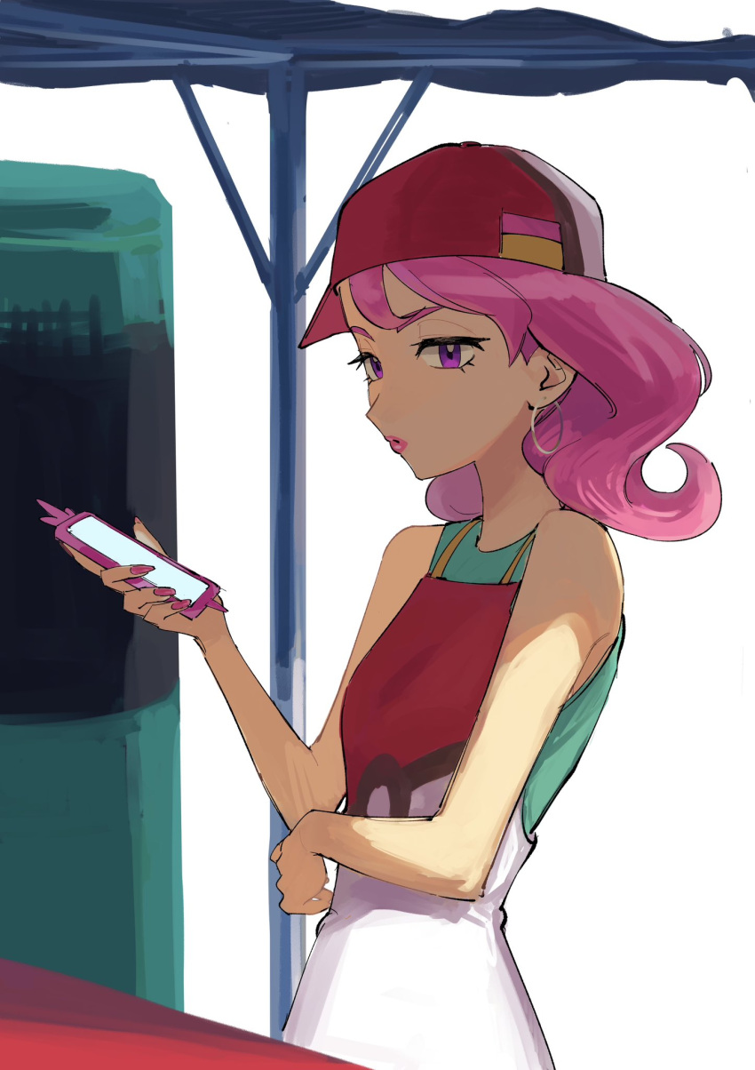 1girl, apron, baseball_cap, earrings, hat, highres, holding, holding_phone, hoop_earrings, jewelry, joy_(pokemon), lipstick, makeup, medium_hair, nuinu_nui, phone, pink_hair, pink_nails, poke_ball_print, pokemon, pokemon_(game), pokemon_sv, shirt, sleeveless, solo, violet_eyes