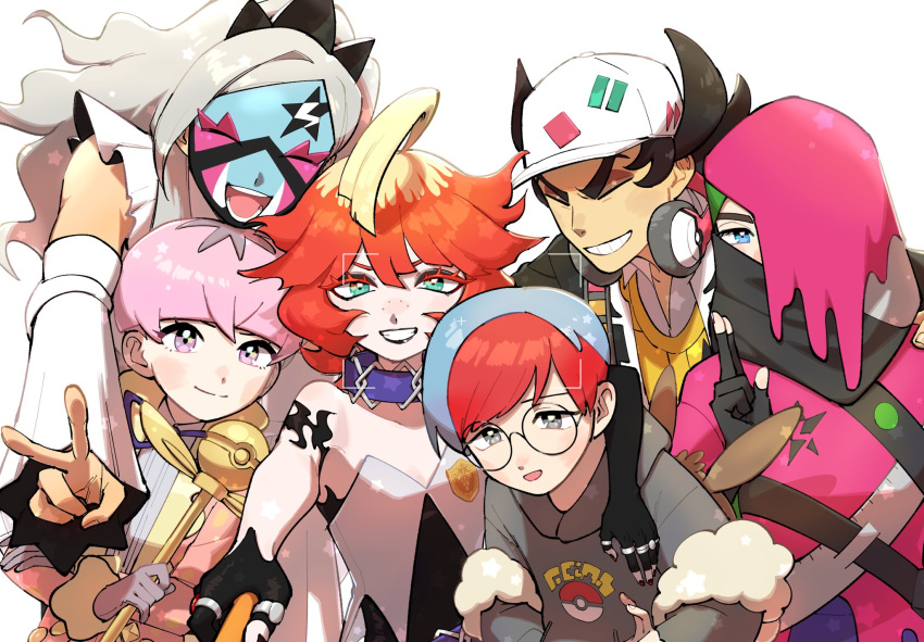 3boys, 3girls, ahoge, atticus_(pokemon), baseball_cap, black_gloves, black_hair, black_lips, blonde_hair, blue_eyes, blue_hair, cane, closed_eyes, collar, collared_shirt, detached_sleeves, eri_(pokemon), eyelashes, facepaint, fiery_clothing, fingerless_gloves, freckles, giacomo_(pokemon), glasses, gloves, green_eyes, grey_eyes, grey_hair, hat, headphones, highres, holding, holding_cane, hood, hoodie, long_hair, mela_(pokemon), multicolored_hair, multiple_boys, multiple_girls, neck_ribbon, nuinu_nui, open_mouth, ortega_(pokemon), partially_fingerless_gloves, penny_(pokemon), pink_hair, pointy_hair, pokemon, pokemon_(game), pokemon_sv, redhead, ribbon, round_eyewear, shirt, short_hair, smile, team_star, tiara, two-tone_hair, uva_academy_(emblem), v, vest, viewfinder, violet_eyes, white_headwear