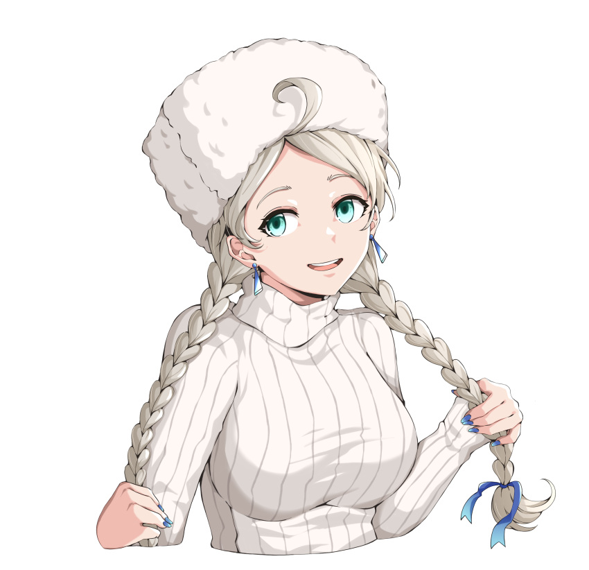 1girl, absurdres, ahoge, alternate_costume, blue_eyes, blue_nails, blue_ribbon, braid
