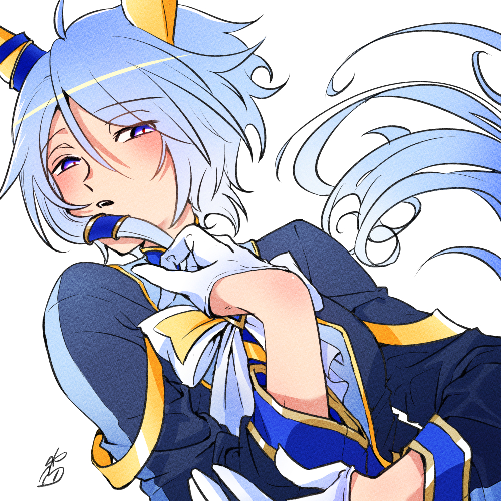 1girl, animal_ears, artist_logo, blue_hair, blue_jacket, bow, bowtie, breasts
