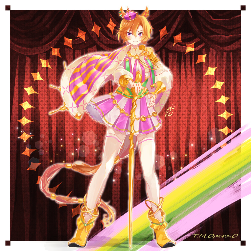 1girl, animal_ears, armor, artist_logo, boots, cane, cape, character_name
