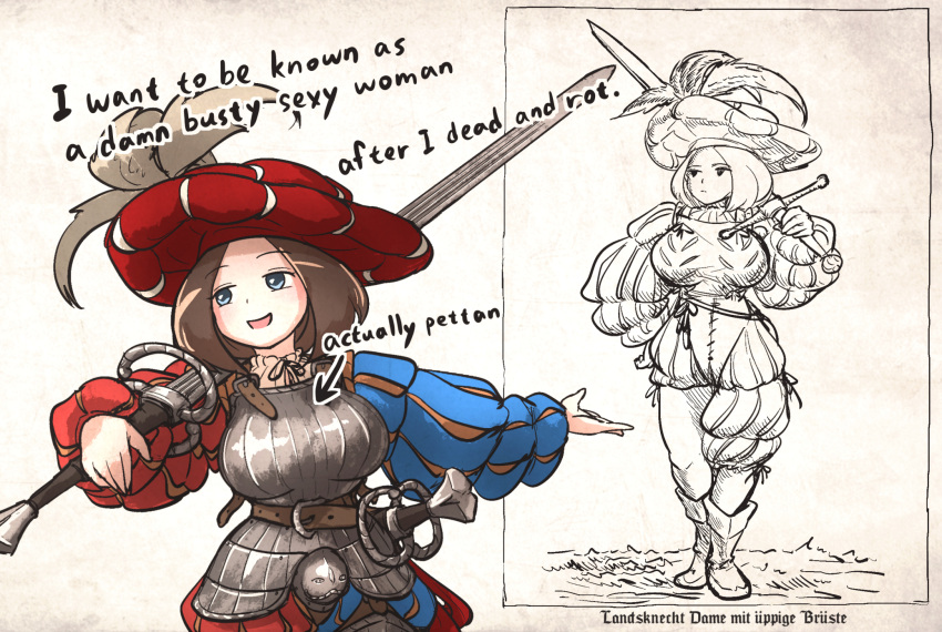 1girl, armor, blue_eyes, boobplate, boots, breastplate, brown_hair, closed_mouth