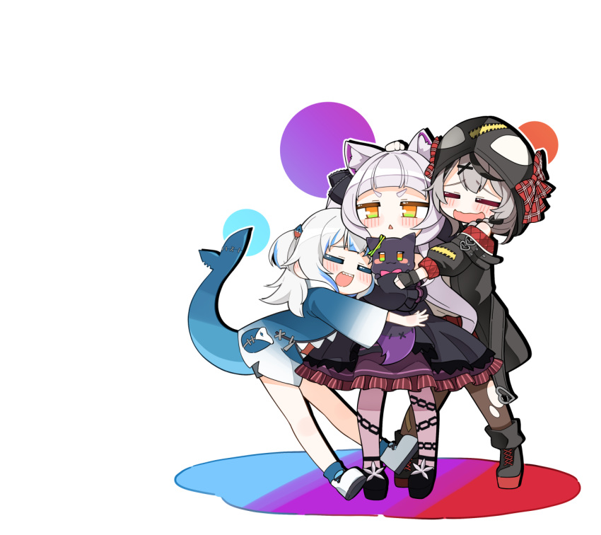 3girls, =_=, animal_ears, animal_hood, black_jacket, blue_dress, blue_hoodie, cat_ears
