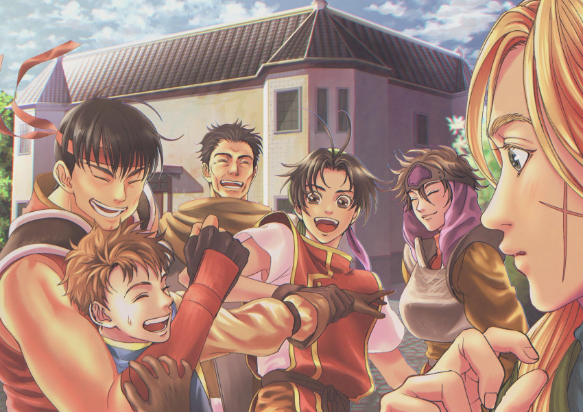 1girl, 5boys, bandana, black_hair, brown_hair, cleo_(suikoden), closed_mouth, fingerless_gloves