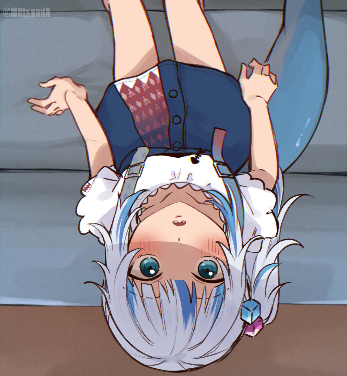 1girl, blue_eyes, blue_hair, blue_skirt, blush, collarbone, couch, cube_hair_ornament