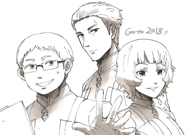 1girl, 2boys, breasts, chaldea_uniform, duston_(fate), fat, fate/grand_order, fate_(series)