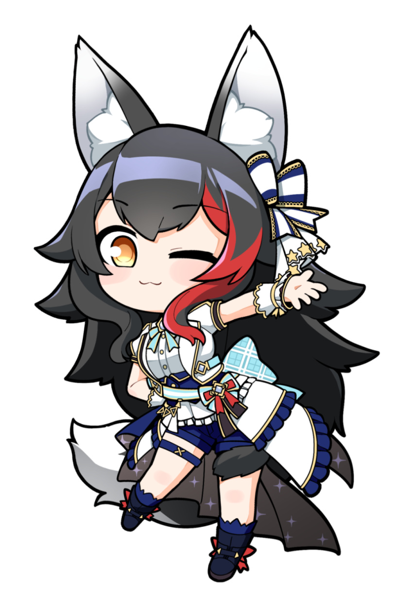 1girl, ;3, animal_ear_fluff, animal_ears, back_bow, beckoning, black_hair, blue_shorts