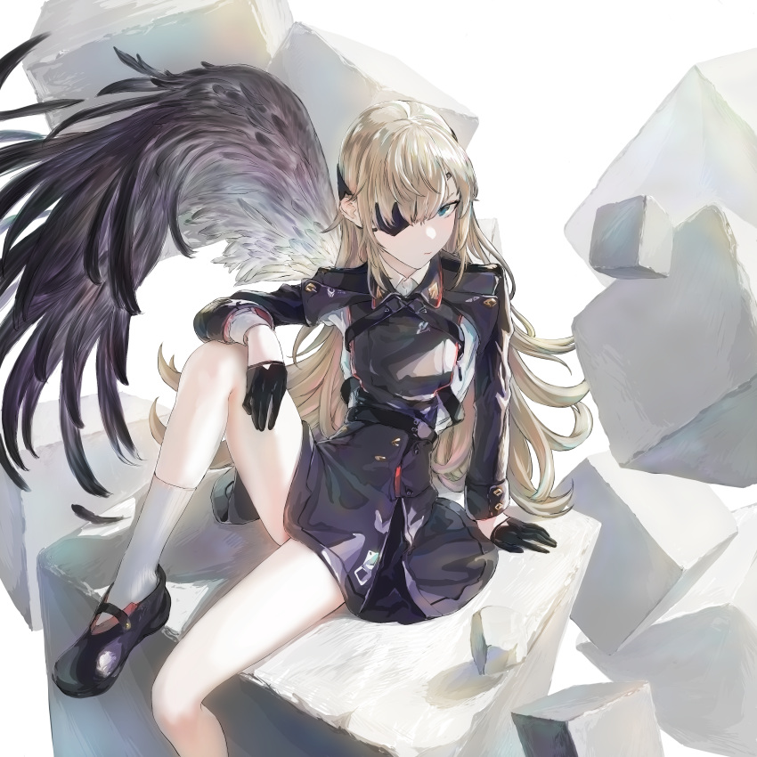 1girl, absurdres, aqua_eyes, black_gloves, blonde_hair, blush, elazale, eyepatch