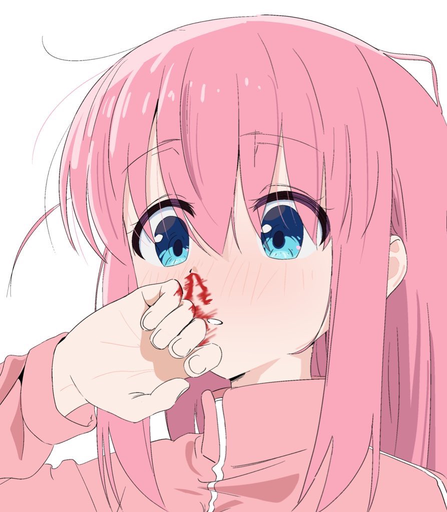 1girl, blood, blood_on_face, blue_eyes, blush, bocchi_the_rock!, close-up, doublep0ints