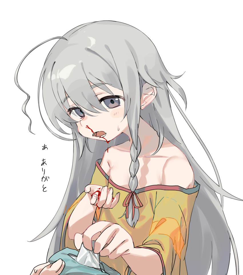 1girl, 1other, absurdres, ahoge, bare_shoulders, blood, blood_on_hands, blush, braid, flat_chest, grey_eyes, grey_hair, highres, hoshi_syoko, idolmaster, idolmaster_cinderella_girls, long_hair, looking_at_viewer, nosebleed, off-shoulder_shirt, off_shoulder, open_mouth, shirt, side_braid, simple_background, solo_focus, t-shirt, takesoboro, tissue, white_background