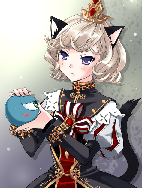 1girl, animal_ears, black_tail, blonde_hair, cat_ears, cat_girl, cat_tail, closed_mouth, crown, dress, drop_shadow, eirawen_(mabinogi), fingernails, gem, gold_headwear, juliet_sleeves, koshikawa_guu, long_sleeves, mabinogi, mini_crown, puff_and_slash_sleeves, puffy_sleeves, red_gemstone, short_hair, solo, tail, violet_eyes