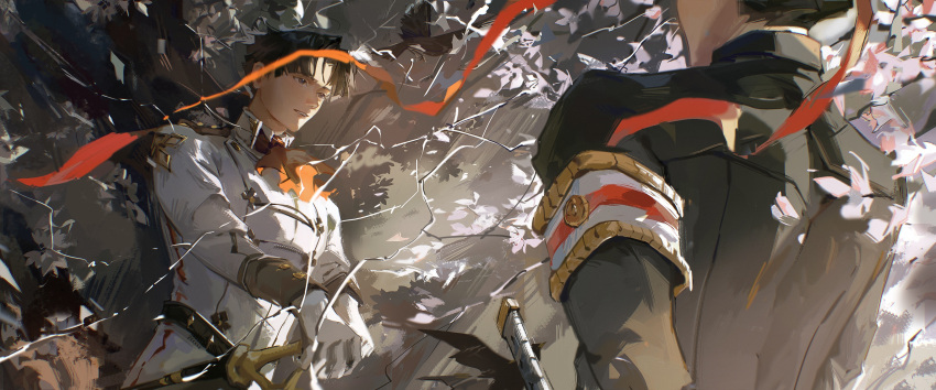 2boys, absurdres, ace_attorney, armband, ascot, belt, black_belt, black_eyes
