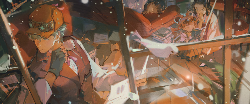 2boys, 2girls, ^_^, absurdres, ace_attorney, animal, bird, black_gloves