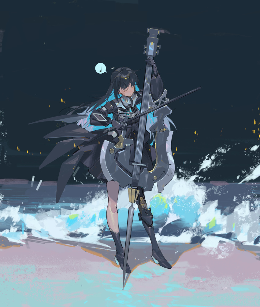 1girl, absurdres, beach, black_dress, black_hair, blue_hair, colored_inner_hair, dress