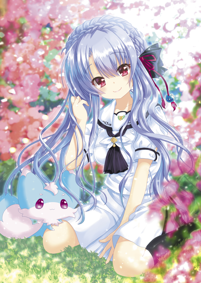 1girl, ascot, between_legs, black_ascot, black_bow, black_socks, blue_hair, blurry