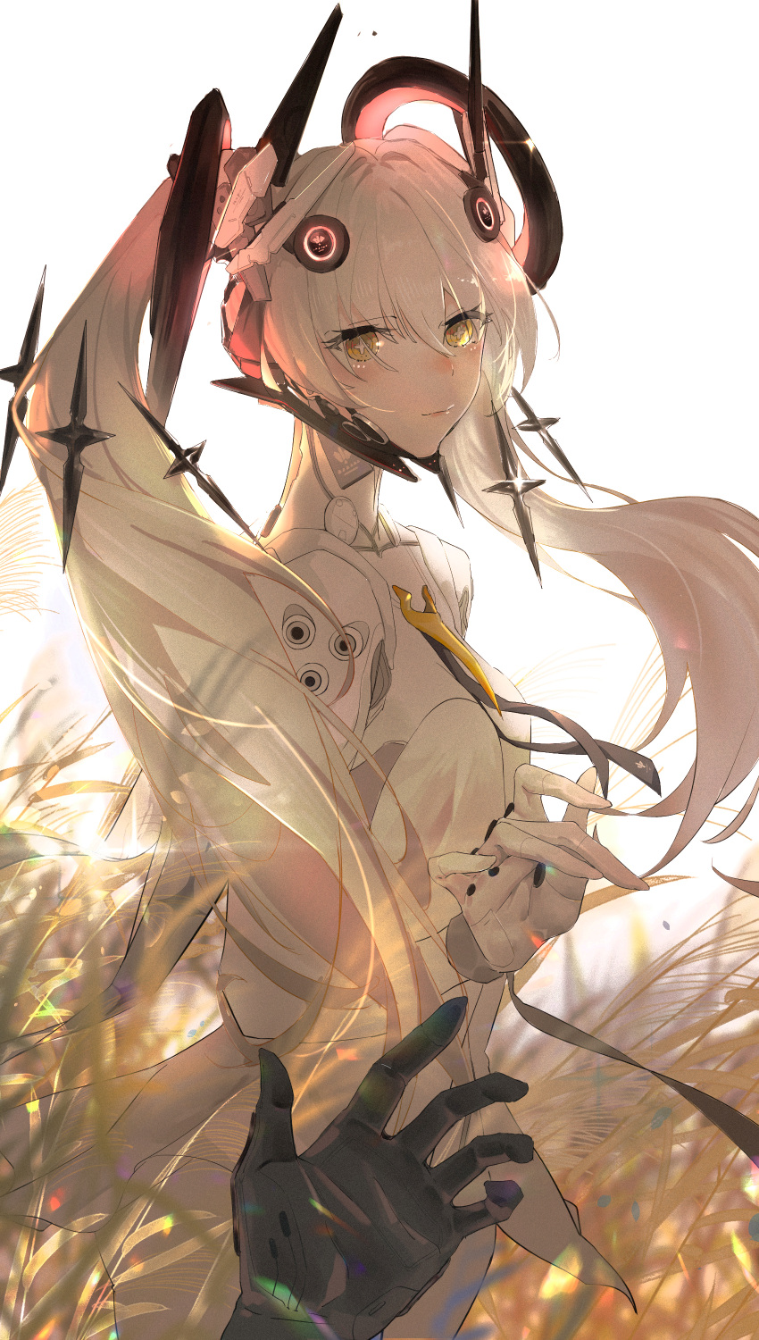 1girl, 1other, absurdres, bodysuit, closed_mouth, commandant_(punishing:_gray_raven), cross-shaped_pupils, floating_hair_ornament