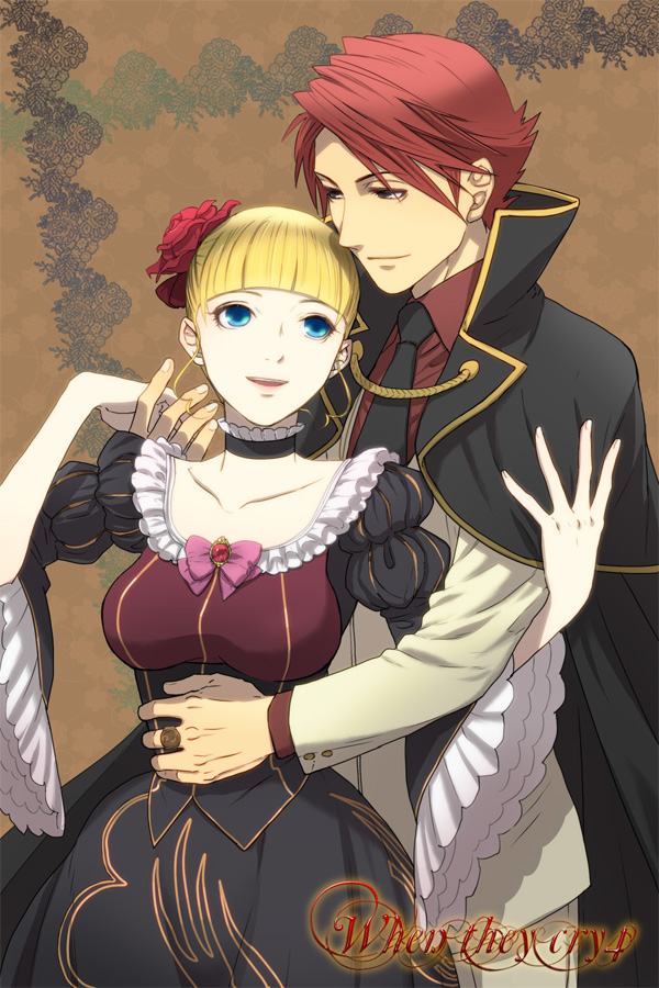 1girl, ao_(sodalite), beatrice, blonde_hair, blue_eyes, choker, cloak, couple, dress, flower, hair_flower, hair_ornament, red_hair, redhead, umineko_no_naku_koro_ni, ushiromiya_battler