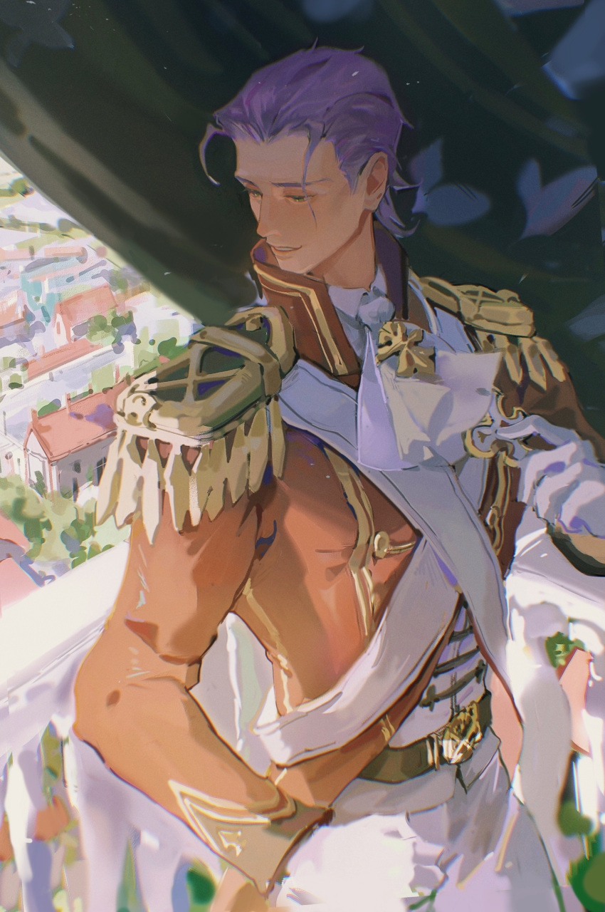 1boy, absurdres, ace_attorney, ascot, collared_shirt, cowboy_shot, epaulettes, gloves