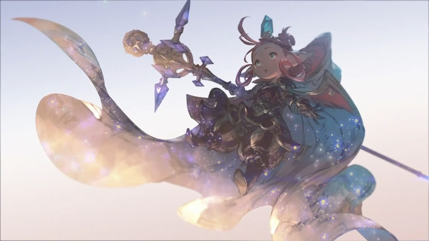 1girl, :o, armor, black_gloves, black_pants, boots, cape, fif_(granblue_fantasy)