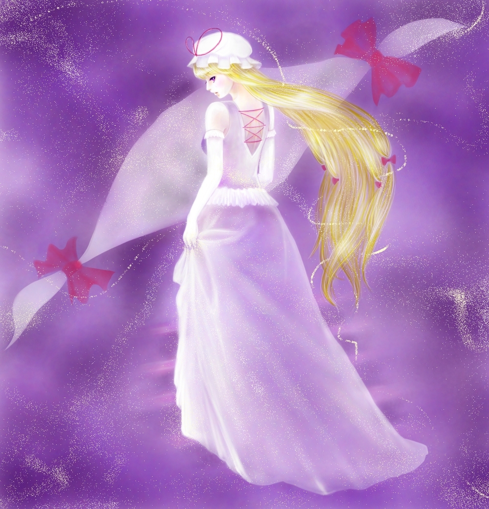 aoihaiirousagi, back, blonde_hair, bow, elbow_gloves, gap, gloves, hair_bow, hat, hat_ribbon, long_hair, looking_back, purple, purple_eyes, ribbon, solo, touhou, very_long_hair, violet_eyes, yakumo_yukari
