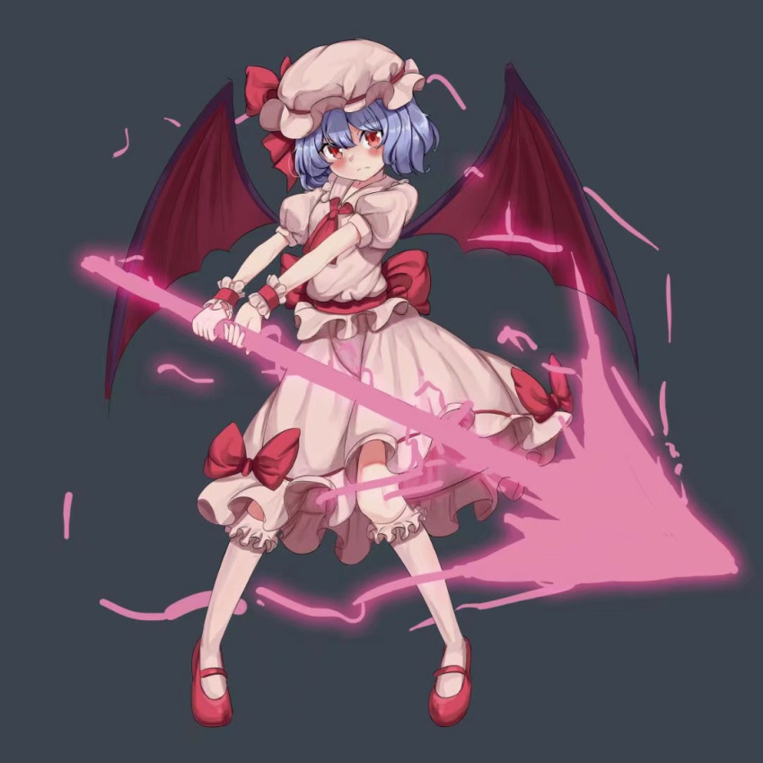 1girl, aiza-ku, ascot, back_bow, bat_wings, blush, bow, closed_mouth