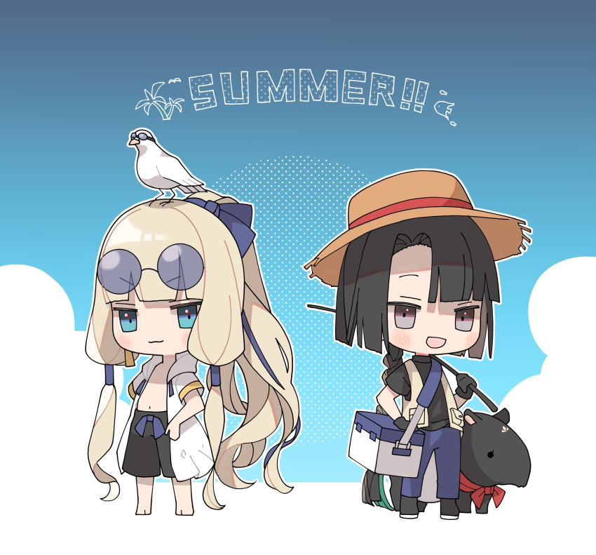 2boys, :d, absurdres, alternate_costume, animal_on_head, barefoot, bird, bird_on_head, black_hair, black_shirt, black_shorts, blonde_hair, blue-tinted_eyewear, blue_bow, blue_eyes, blue_pants, blunt_bangs, blush, bow, braid, brown_headwear, chibi, chikuwa_(cccccchhhhhhii), closed_mouth, coat, cooler, drawstring, english_text, eyewear_on_head, fate/grand_order, fate/grand_order_arcade, fate_(series), fishing_rod, grey_eyes, hair_bow, hand_on_own_hip, hat, highres, holding, holding_fishing_rod, hooded_coat, long_hair, low_tied_sidelocks, male_focus, multiple_boys, noah_(fate), on_head, open_clothes, open_coat, open_mouth, pants, ponytail, seagull, shirt, short_sleeves, shorts, smile, sun_hat, sunglasses, tai_gong_wang_(fate), tapir, tinted_eyewear, very_long_hair, vest, white_coat