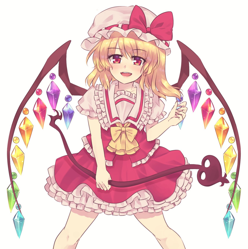 1girl, ascot, blonde_hair, collared_shirt, crystal, fang, feet_out_of_frame, flandre_scarlet