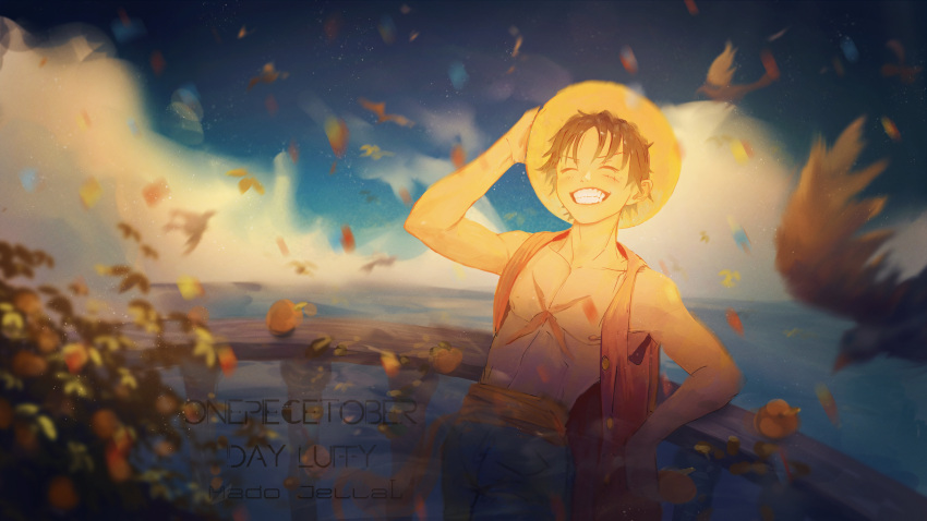 1boy, absurdres, artist_name, black_hair, character_name, clip_studio_paint_(medium), closed_eyes, english_commentary, hand_on_headwear, hat, highres, inktober, mado_jellal, male_focus, monkey_d._luffy, one_piece, open_clothes, open_shirt, red_shirt, scar, scar_on_cheek, scar_on_chest, scar_on_face, shirt, short_hair, smile, solo, straw_hat, teeth