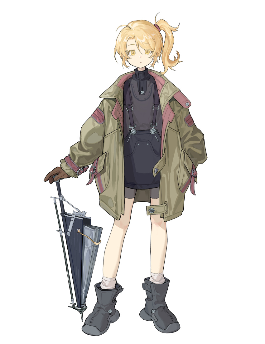 1girl, absurdres, al3x_alex, bike_shorts, black_footwear, blonde_hair, brown_gloves, coat