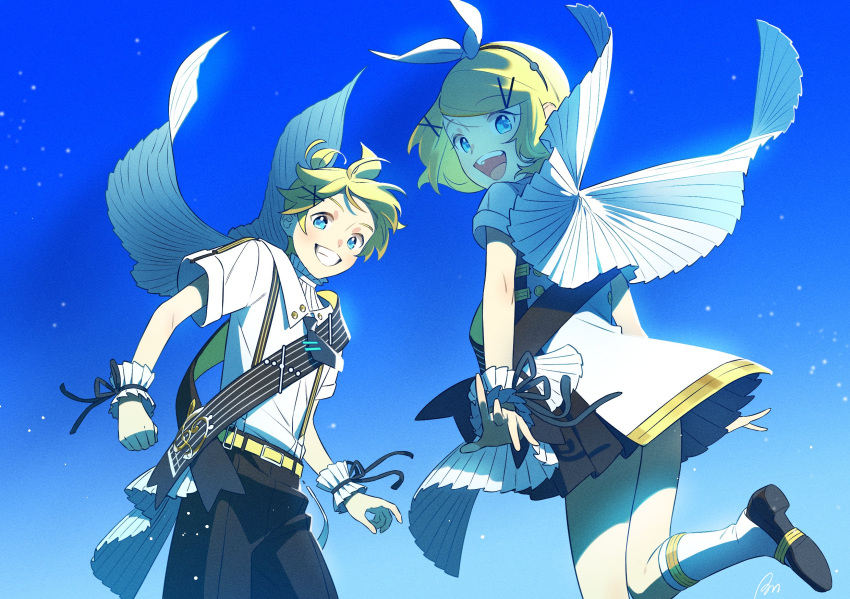 1boy, 1girl, ahoge, bass_clef, black_footwear, black_pants, blonde_hair, blue_background