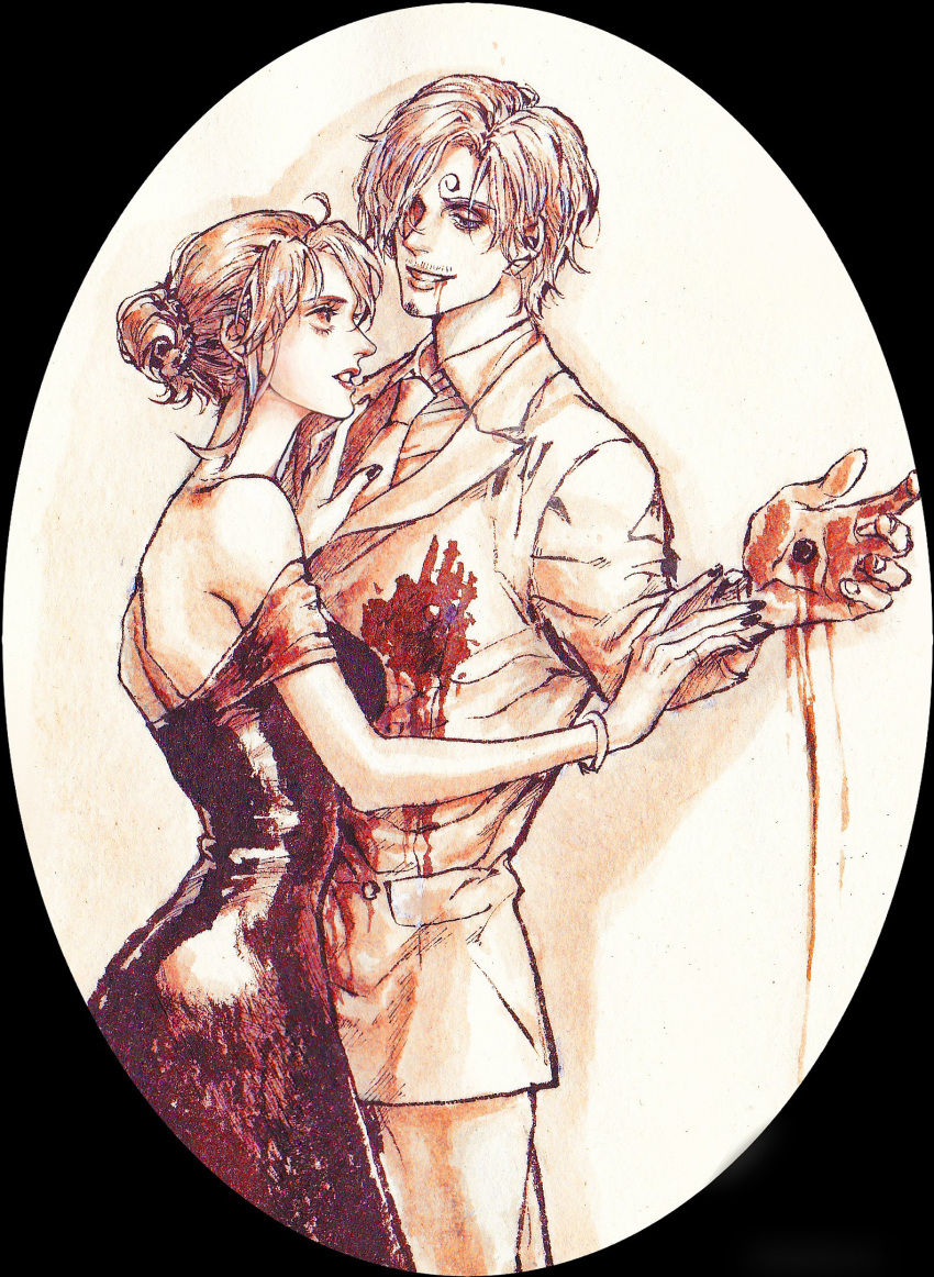 1boy, 1girl, bare_shoulders, blood, blood_on_clothes, blood_on_hands, bracelet, chinese_commentary