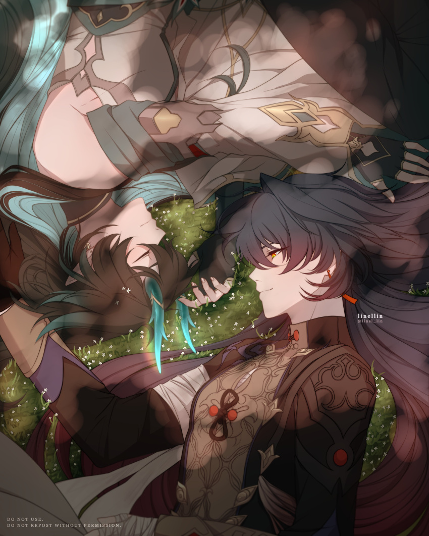 2boys, absurdres, black_hair, black_sleeves, blade_(honkai:_star_rail), chest_sarashi, chinese_clothes, closed_mouth