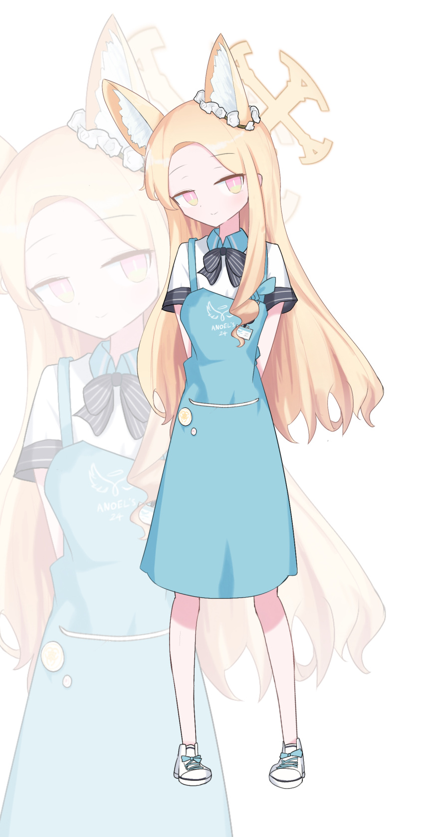 1girl, absurdres, alternate_costume, angel's_24_uniform_(blue_archive), animal_ear_fluff, animal_ears, aqua_apron, arms_behind_back, black_bow, black_bowtie, blonde_hair, blue_archive, blush, bow, bowtie, forehead, fox_ears, full_body, gabriel_automatic_subtitle_manual_bot, halo, highres, long_hair, looking_at_viewer, seia_(blue_archive), shirt, shoes, simple_background, sneakers, striped, striped_bow, striped_bowtie, very_long_hair, white_background, white_shirt, zoom_layer