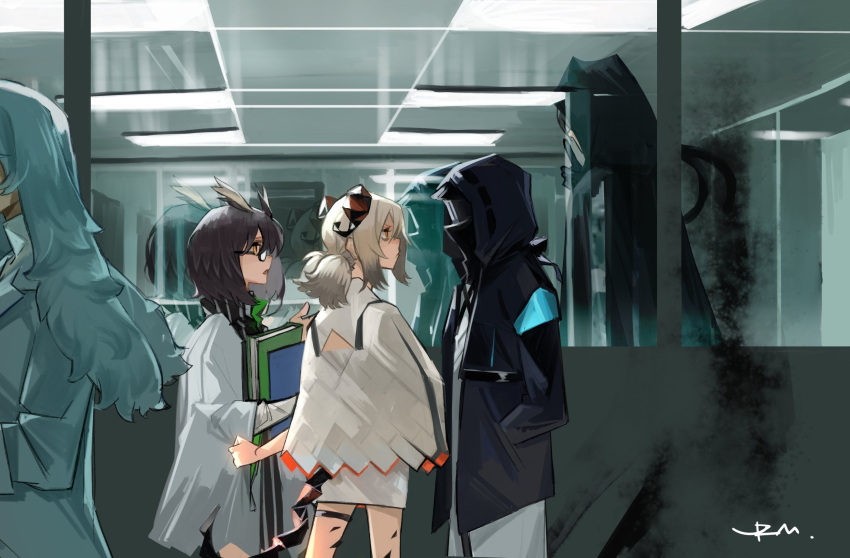1boy, 1other, 3girls, arknights, bags_under_eyes, black_cape, black_gloves, black_jacket, blonde_hair, book, brown_hair, cape, capelet, coat, commentary, cowboy_shot, demon_girl, demon_horns, doctor_(arknights), feather_hair, finger_to_mouth, from_side, glasses, gloves, hands_in_pockets, highres, holding, holding_book, hood, hood_up, hooded_jacket, horns, ifrit_(arknights), indoors, jacket, lab_coat, mask, medium_hair, multiple_girls, orange_eyes, oripathy_lesion_(arknights), phantom_(arknights), profile, protecting, ptilopsis_(arknights), reflection, shadow, short_twintails, signature, silence_(arknights), tkmkm75, twintails, white_capelet, white_coat, white_hair, yellow_eyes
