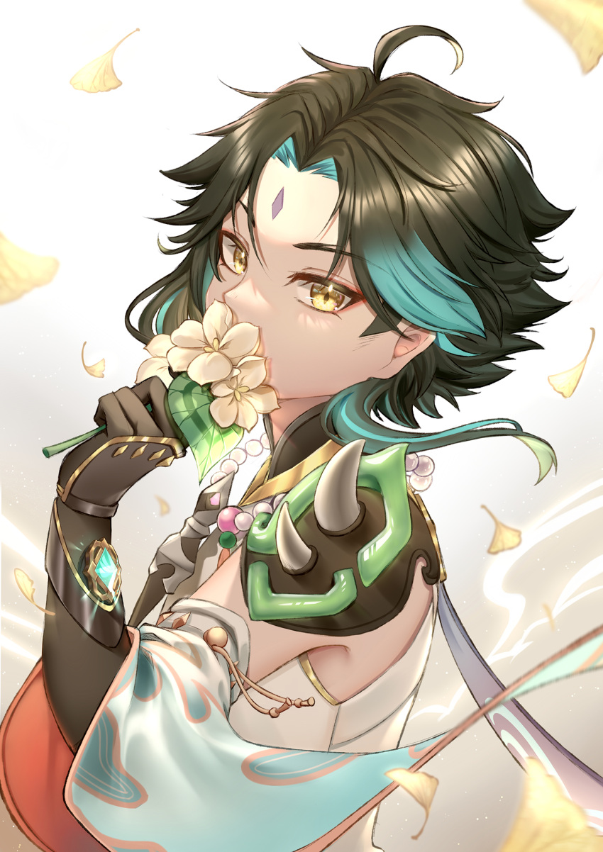 1boy, ahoge, aqua_gemstone, armor, black_gloves, black_hair, blue_hair, covered_mouth, detached_sleeves, diamond-shaped_pupils, diamond_(shape), eyeshadow, facial_mark, flower, forehead_mark, gem, genshin_impact, gloves, gold_trim, gradient_background, grey_background, hand_up, highres, holding, holding_flower, jewelry, kuro_tsubasa, leaf, long_sleeves, looking_at_viewer, makeup, male_focus, mandarin_collar, multicolored_hair, necklace, pearl_necklace, petals, red_eyeshadow, shirt, short_hair, shoulder_armor, simple_background, single_detached_sleeve, sleeveless, sleeveless_shirt, solo, standing, symbol-shaped_pupils, tassel, two-tone_hair, vision_(genshin_impact), white_background, white_flower, white_shirt, wide_sleeves, xiao_(genshin_impact), yellow_eyes