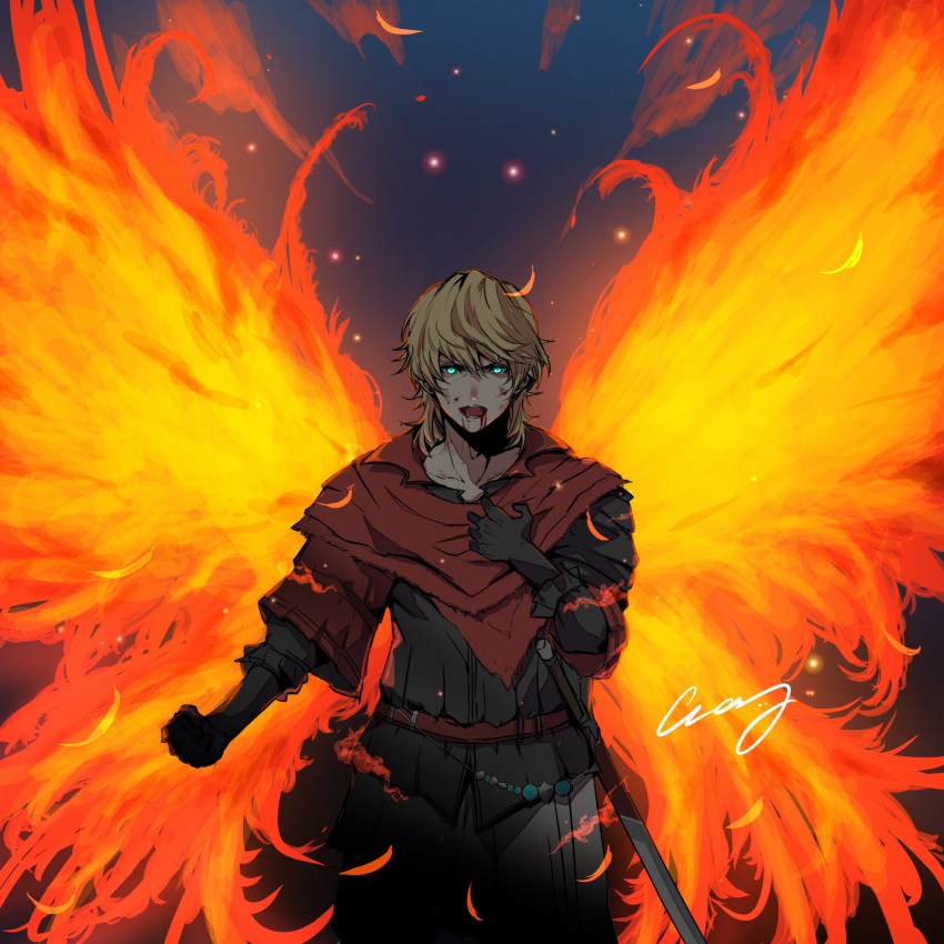 1boy, belt, black_gloves, black_jacket, blood, blood_from_mouth, blue_eyes, clenched_hand, cloak, collarbone, commentary_request, cowboy_shot, crazy02oekaki, embers, feathered_wings, fiery_wings, final_fantasy, final_fantasy_xvi, fire, gloves, glowing, glowing_eyes, hair_between_eyes, hand_on_own_chest, highres, jacket, joshua_rosfield, light_brown_hair, long_sleeves, looking_at_viewer, male_focus, open_mouth, red_cloak, serious, sheath, sheathed, short_hair, signature, solo, sword, weapon, wings