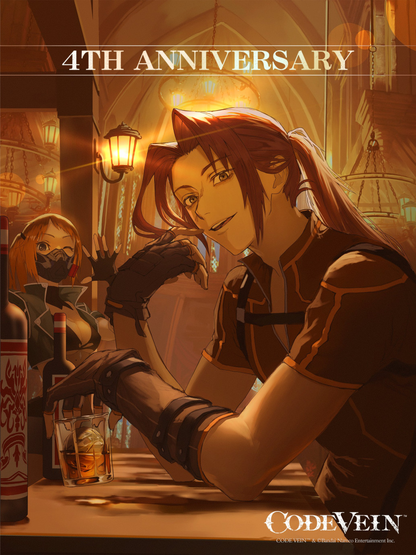 1boy, 1girl, absurdres, alcohol, artist_request, bikini, bikini_top_only, black_bikini, bottle, chest_harness, coat, code_vein, copyright_name, cropped_jacket, cup, drinking_glass, fingerless_gloves, gloves, green_coat, harness, highres, ice, lantern, looking_at_viewer, mask, masked, mouth_mask, murasame_rin_(code_vein), one_eye_closed, open_mouth, orange_hair, ponytail, redhead, short_sleeves, swimsuit, yakumo_(code_vein)