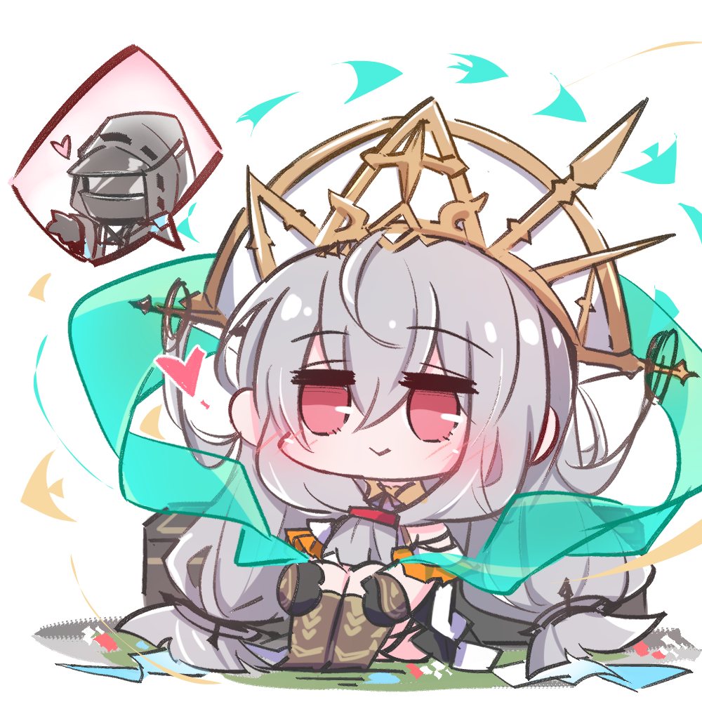 1girl, 1other, :>, angelfish, aqua_ribbon, arknights, ascot, black_gloves
