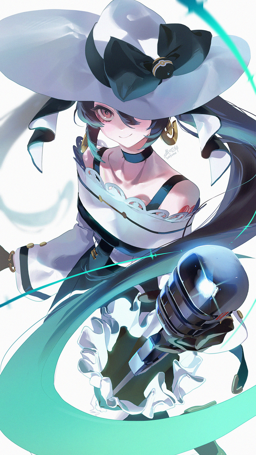absurdres, aqua_hair, baekryang, bare_shoulders, black_gloves, black_ribbon, dark_miku_(project_voltage), earrings, gloves, hair_between_eyes, hat, hat_ribbon, hatsune_miku, highres, jewelry, long_hair, long_sleeves, looking_at_viewer, luxury_ball, microphone, one_eye_covered, poke_ball, pokemon, project_voltage, red_eyes, ribbon, smile, umbrella, very_long_hair, vocaloid