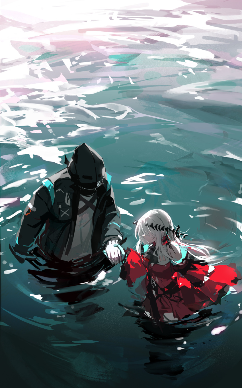 1girl, 1other, absurdres, aqua_gloves, arknights, black_jacket, chinese_commentary, commentary_request, daier, doctor_(arknights), dress, faceless, faceless_female, gloves, highres, hood, hooded_jacket, jacket, long_hair, looking_at_another, mask, no_headwear, ocean, partially_submerged, red_dress, ripples, shirt, sidelocks, skadi_(arknights), skadi_the_corrupting_heart_(arknights), sketch, water, white_gloves, white_hair, white_shirt