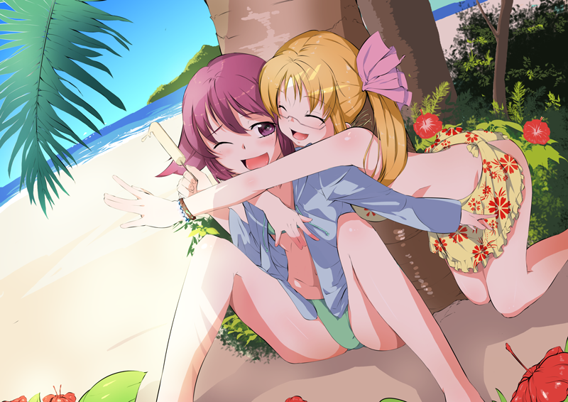 beach, bikini, bikini_skirt, blonde_hair, bracelet, closed_eyes, flower, furisuku