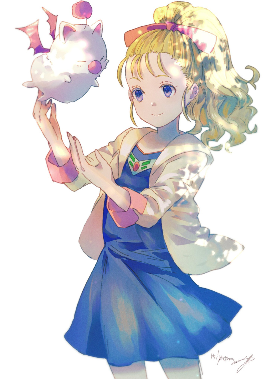1girl, blonde_hair, blue_dress, blue_eyes, closed_mouth, dress, final_fantasy, final_fantasy_v, highres, hood, hoodie, krile_mayer_baldesion_(ff5), long_hair, miyama_(lacrima01), moogle, ponytail, signature, simple_background, smile, white_background