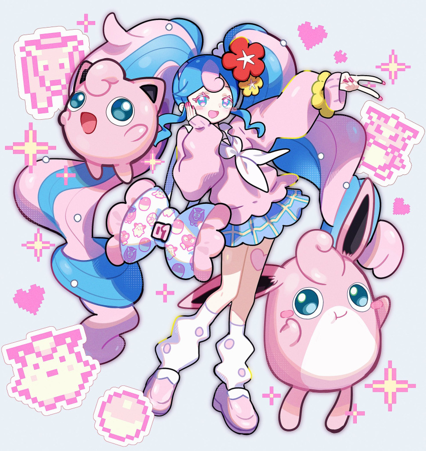 1girl, bag, bull_sprite_(pokemon), cardigan, clefairy_sprite_(pokemon), fairy_miku_(project_voltage), flower, fuinagi_(huyuu_mm), hair_flower, hair_ornament, hand_on_own_cheek, hand_on_own_face, hatsune_miku, heart, highres, jigglypuff, leg_warmers, long_hair, looking_at_viewer, multicolored_hair, open_mouth, pink_cardigan, pink_footwear, pokemon, pokemon_(creature), project_voltage, reptile_sprite_(pokemon), shoulder_bag, skirt, twintails, two-tone_hair, v, very_long_hair, vocaloid, wigglytuff