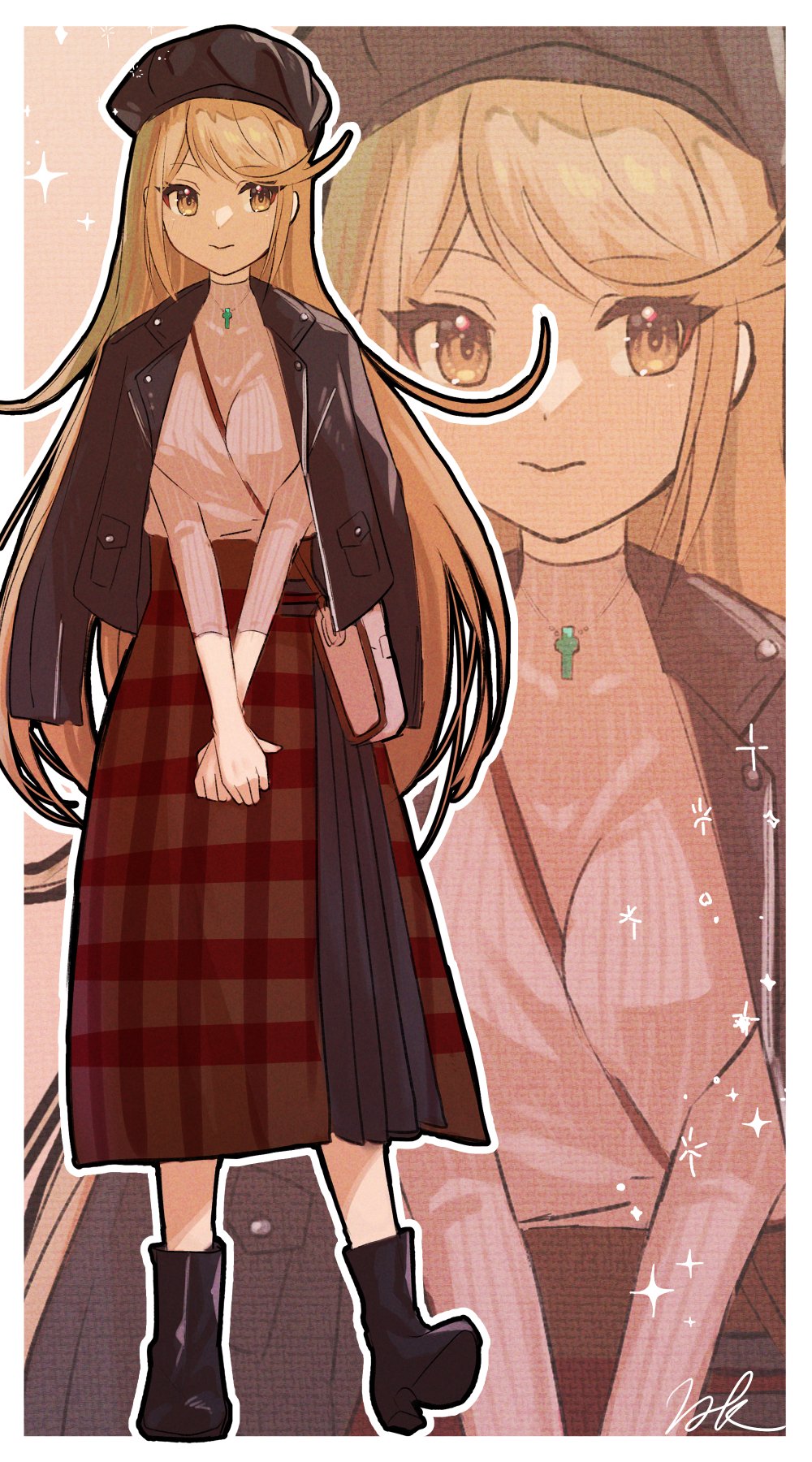 1girl, bag, beanie, black_footwear, blonde_hair, boots, border, breasts