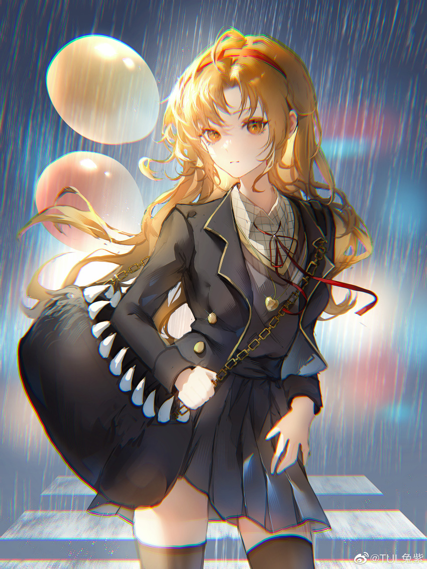 1girl, absurdres, ahoge, bag, balloon, black_bag, black_thighhighs, blonde_hair