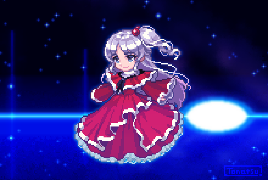 1girl, artist_name, black_bow, blue_eyes, bow, capelet, dress, frilled_dress